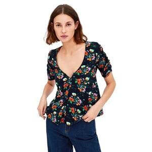 Zara Trafaluc Collection Women's Floral V-Neck Ruched Half Sleeve Blouse Size XS
